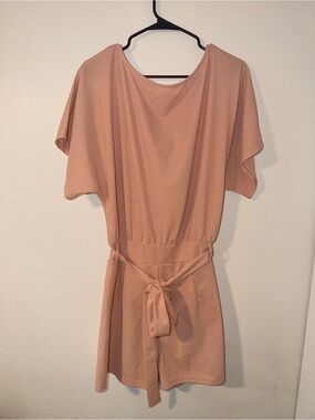 Peach Short Sleeve Romper with Waist Tie